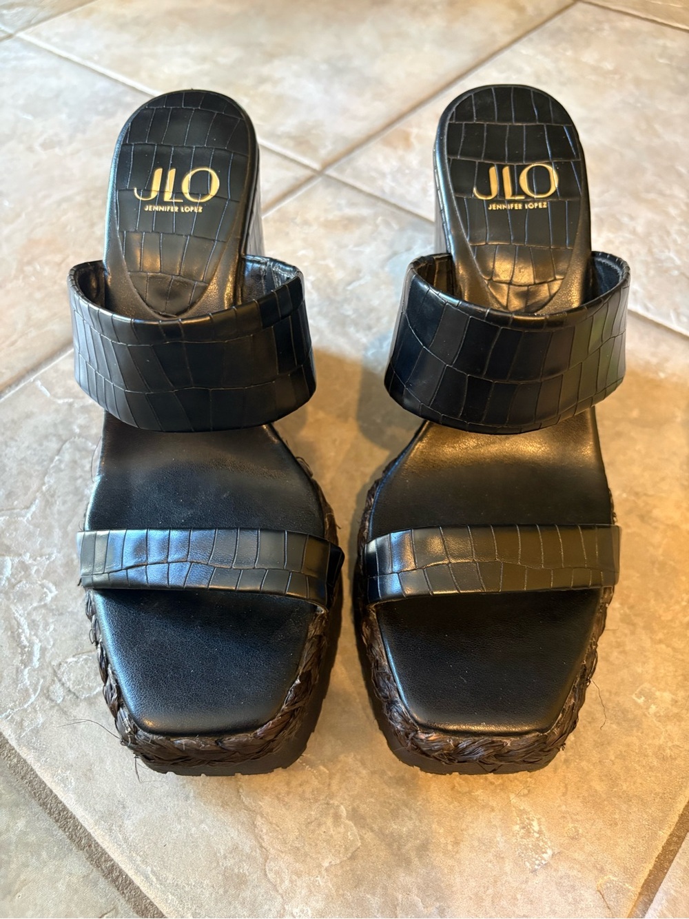Jennifer Lopez Black Croc-Embossed Slide Mules